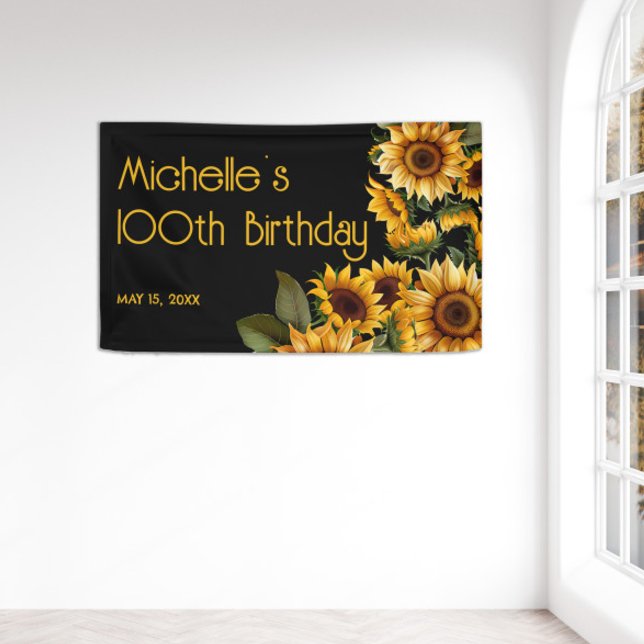 Banderoles Sunflower Black Rustic Elégant 100e anniversaire (Yellow sunflowers on black 100th birthday party banner)