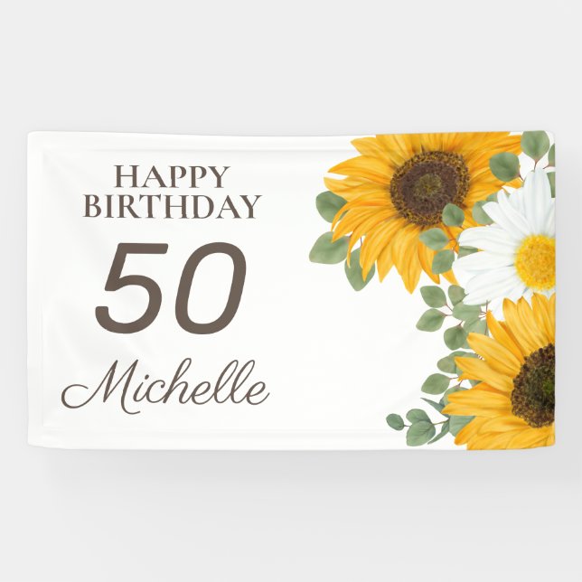 Banderoles Sunflower Daisies Joyeux 50e anniversaire n'import (Horizontal)