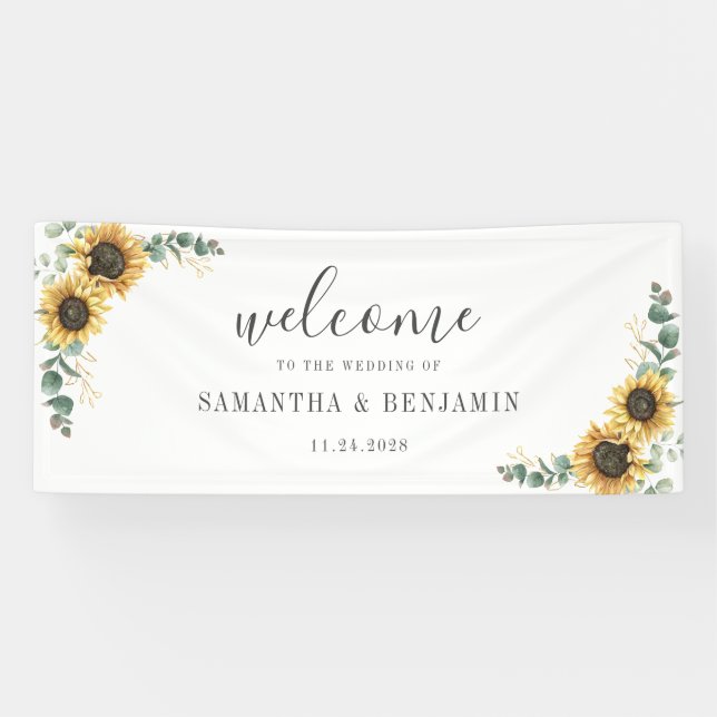 Banderoles Sunflower Floral Eucalyptus Script Mariage (Horizontal)