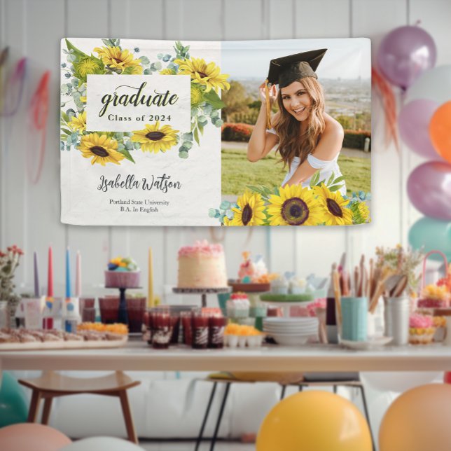 Banderoles Sunflower Photo Script Graduation Welcome Party (Sunflower Photo Script Graduation Welcome Party Banner)