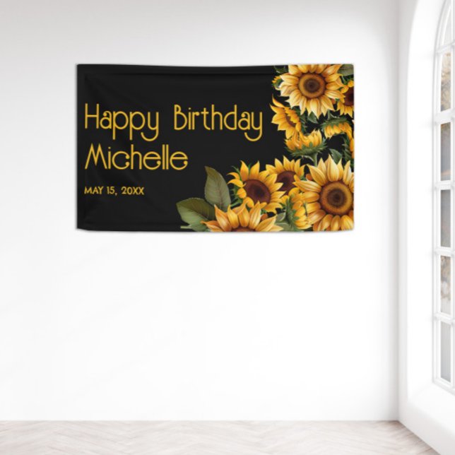 Banderoles Sunflowers Black Rustic Elegant Joyeux Anniversair (Yellow sunflowers on black custom birthday party banner)