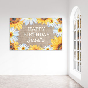 Banderoles Sunflowers White Daisy Burlap Joyeux Anniversaire 