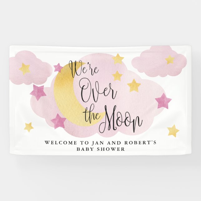 Banderoles Sur la Lune, Baby shower d'aquarelle rose (Horizontal)