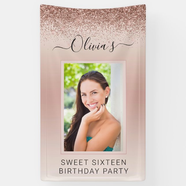 Banderoles Sweet 16 Anniversaire Photo Blush rose Parties sci (Vertical)