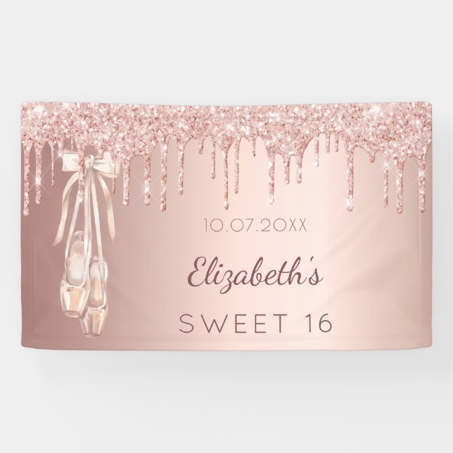 Banderoles Sweet 16 anniversaire rose ballerine or bienvenue (Horizontal)