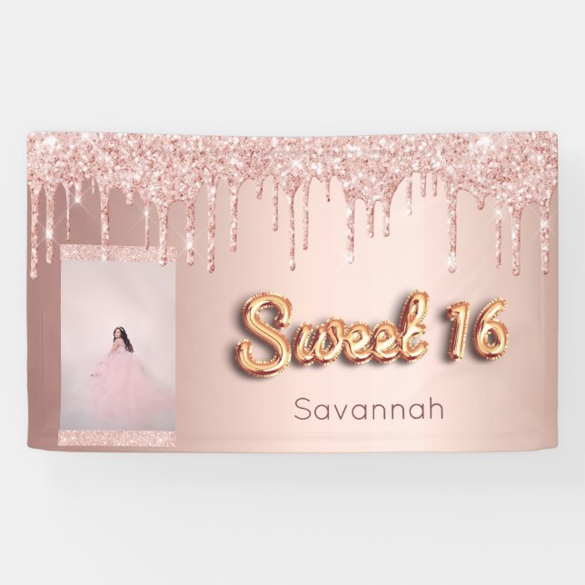 Banderoles Sweet 16 anniversaire sur mesure photo rose partie (Horizontal)
