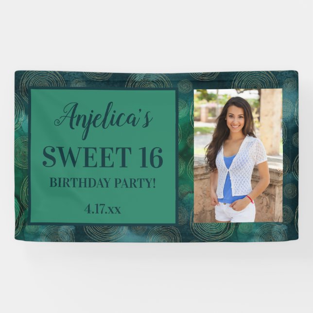 Banderoles Sweet 16 Anniversaire Turquoise photo verte (Horizontal)