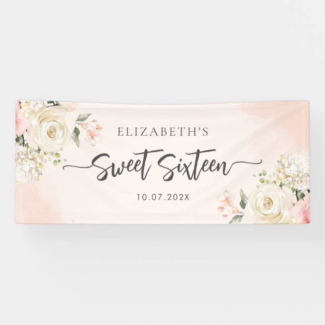 Banderoles Sweet 16 Aquarelle rose Floral fête d'anniversaire (Horizontal)