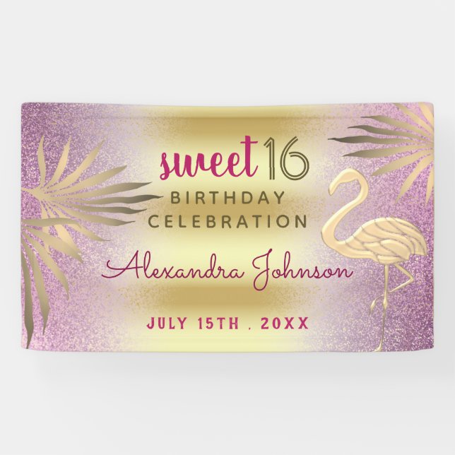 Banderoles Sweet 16 Flamant rose d'anniversaire rose et or (Horizontal)