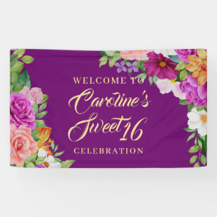 Banderoles Sweet 16 Purple Floral Aquarelle Bouquet Bienvenue