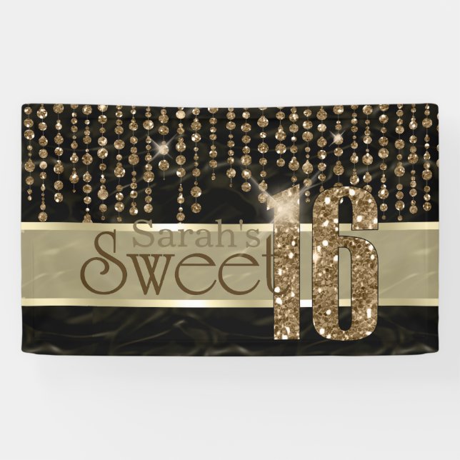 Banderoles Sweet sixteen bijou satiné Noir Gold ID260 (Horizontal)