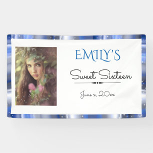 Banderoles Sweet sixteen, Bleu, Faux Satin, Personnalisé