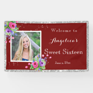 Banderoles Sweet sixteen Parties scintillant Argent Joli Fleu