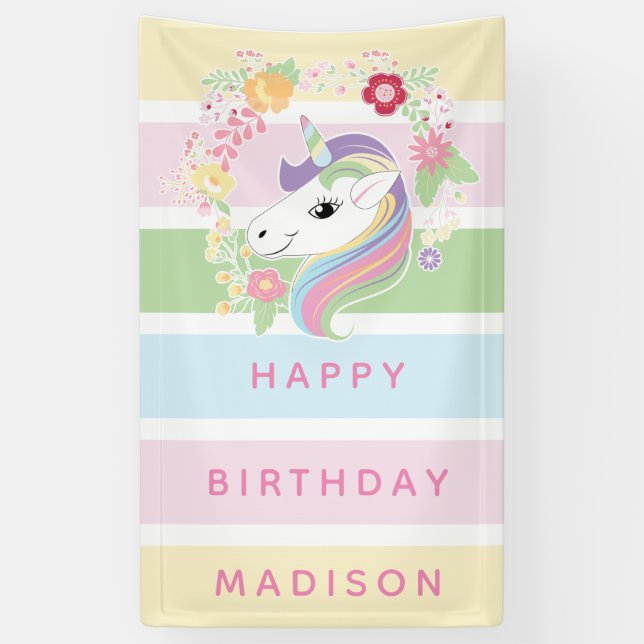 Banderoles Sweet Stripes Unicorn Floral Anniversaire (Vertical)