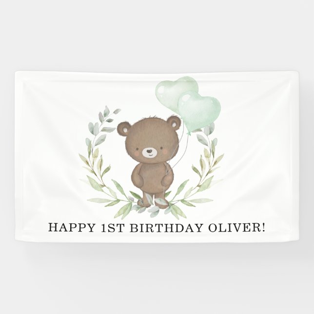 Banderoles Sweet Teddy Ours vert Wreath Joyeux anniversaire (Horizontal)
