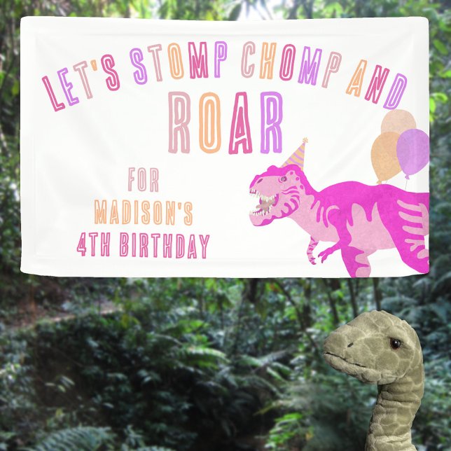 Banderoles T-Rex Pink Stomp Chomp Roar Dinosaure Anniversaire (Round out your party décor with this cute custom pink dinosaur birthday party banner sign)