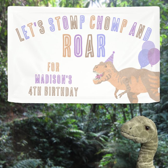 Banderoles T-Rex Tan Stomp Chomp Roar Dinosaure Anniversaire (This fun dinosaur birthday party banner sign is easy to personalize with your child's name and age)