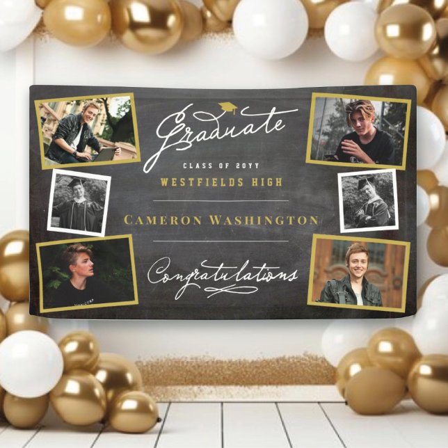 Banderoles Tableau élégant de script 6 Photo Fête de remise d (Chalkboard Stylish Graduate Script 10 Photo Graduation Party Banner @ www.zazzle.com/color_therapy)