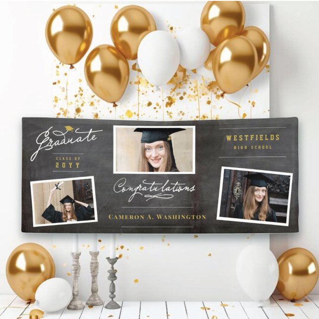 Banderoles Tableau Noir Écriture Élégante 3 Photo Fête de Rem (Chalkboard Graduate Script 3 Photo Modern Graduation Party Banner @ www.zazzle.com/color_therapy)