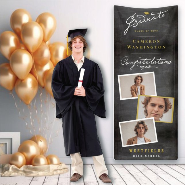 Banderoles Tableau noir Écriture stylée 3 Photo Fête de remis (Black Chalkboard Stylish Script 3 Photo Graduation Party Banner @ www.zazzle.com/color_therapy)