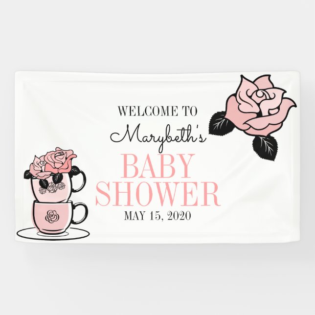 Banderoles Tea Teacup & Fleurs Baby shower Welcome Banner (Horizontal)