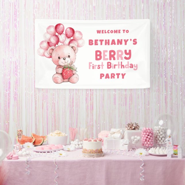 Banderoles Teddy Bear Berry First Birday Strawberry Welcome (Fête)