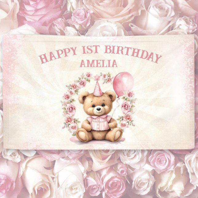 Banderoles Teddy Bear Girl 1er Anniversaire Rose Roses Banniè (Teddy Bear Girl 1st Birthday Pink Roses Banner)
