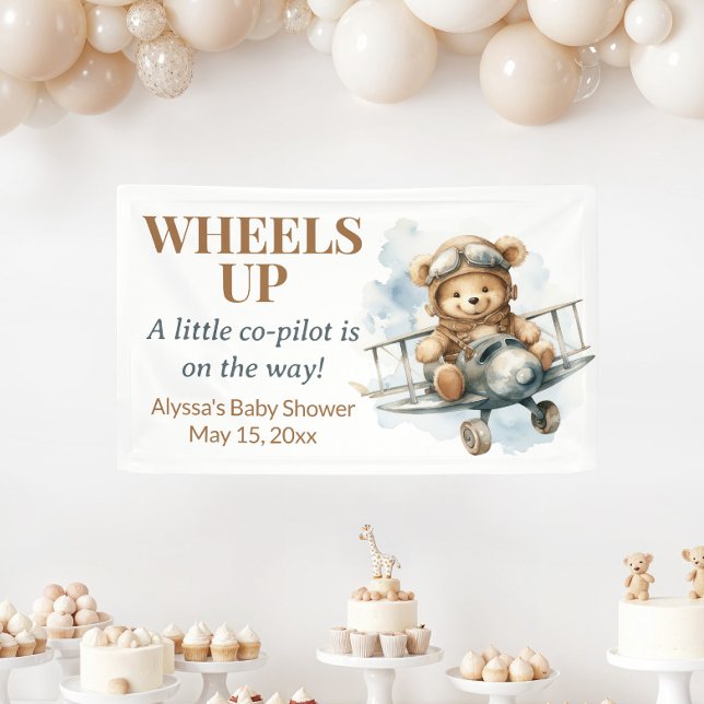 Banderoles Teddy Bear Monte en Avion Petit Copilote (Wheels Up Little Co-Pilot baby shower banner)