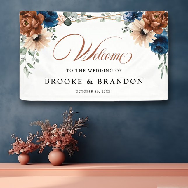 Banderoles Terracotta Marine Bleu Mariage géométrique Bienven (Wedding welcome banner with terracotta and navy flowers)