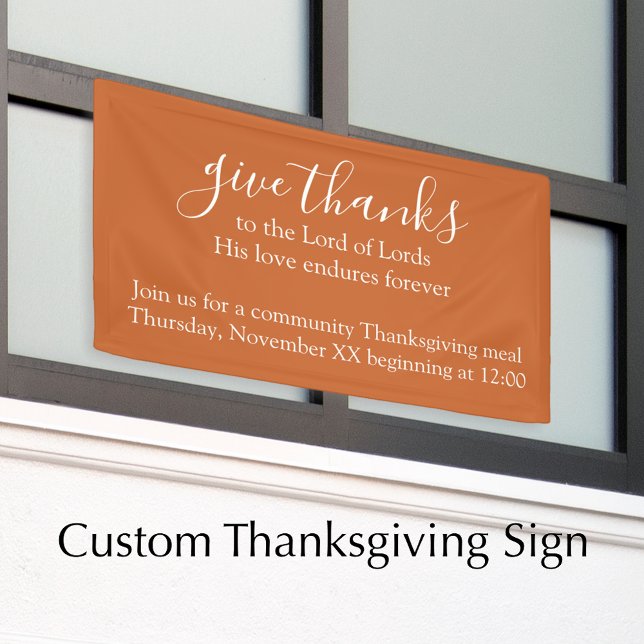 Banderoles Texte personnalisé Orange Repas de Thanksgiving Ég (Add your custom text to this orange banner. Church Thanksgiving meal invitation sign. Give thanks.
)