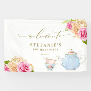 Banderoles Théière et tasses à thé florales aquarelle pour an
