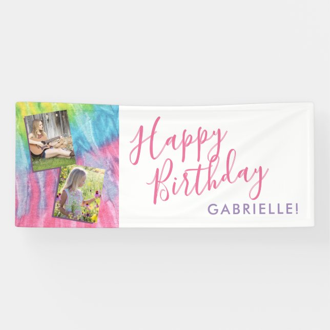 Banderoles Tie Dye Moderne Hippie Photo Anniversaire (Horizontal)
