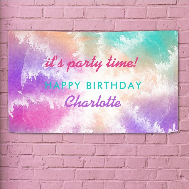 Banderoles Tie Dye Pastel Rose Orange Turquoise Violet Annive (Tie Dye Pastel Pink Orange Teal Purple Birthday Banner)