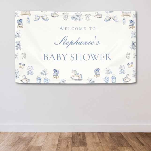Banderoles Toile De Jouy Baby Shower Blue Bow Boy (Toile De Jouy Baby Shower Blue Bow Boy Banner)