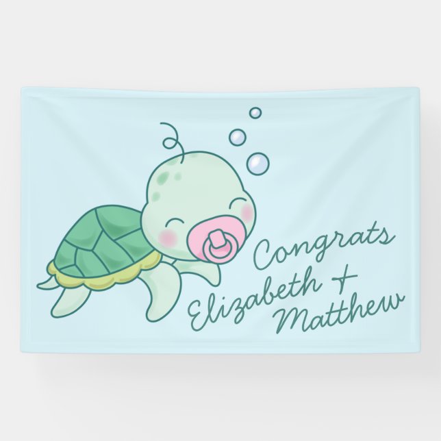Banderoles Tortue de mer mignonne Baby shower Kawaii Rose Gir (Horizontal)