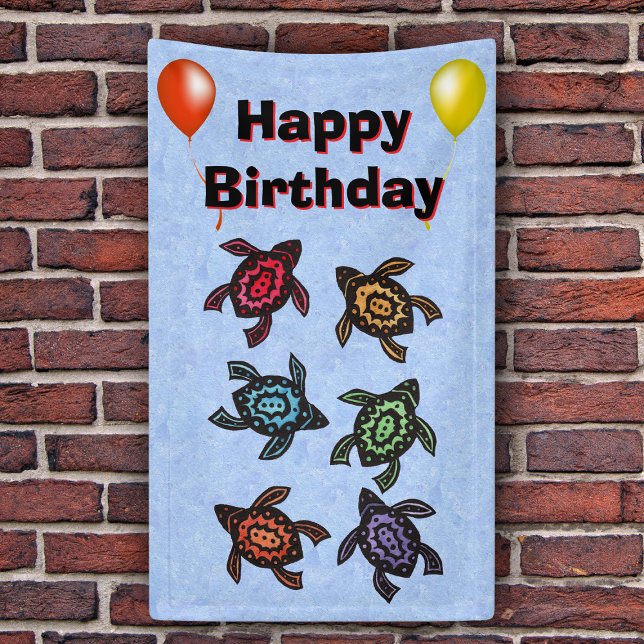 Banderoles Tortues Imaginaires Coques colorées Ballons Annive (Colourful turtles abstract shells balloons on light blue Happy Birthday party backdrop.)