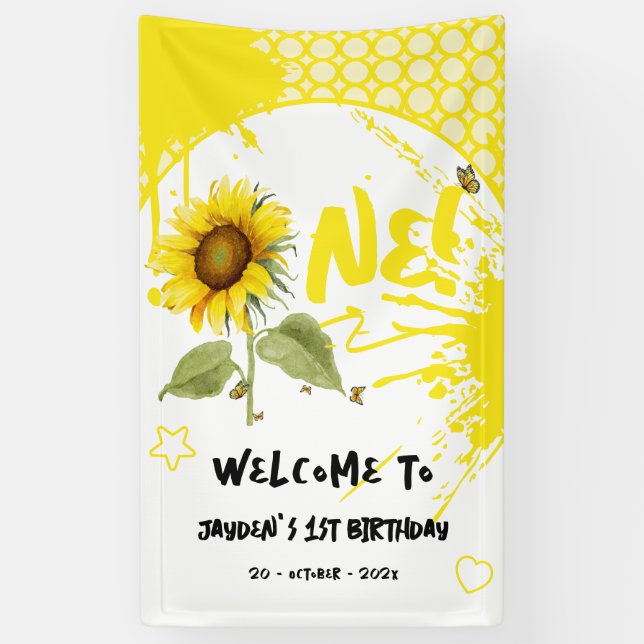 Banderoles Tournesol aquarelle avec papillons 1er anniversair (Vertical)