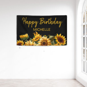 Banderoles Tournesols Élégant Noir Joyeux Anniversaire Nom