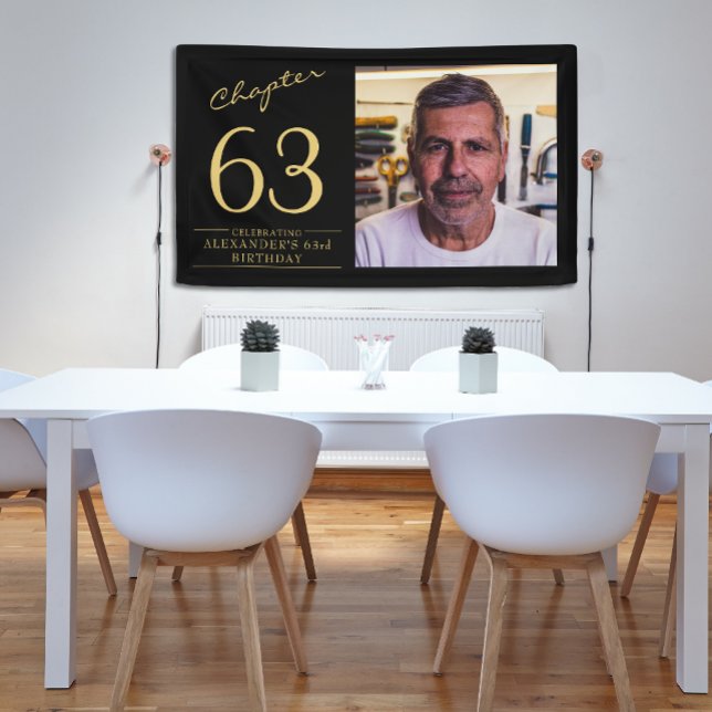 Banderoles Tout âge Anniversaire Black Gold Photo (Black and gold birthday wall banner with photo.)