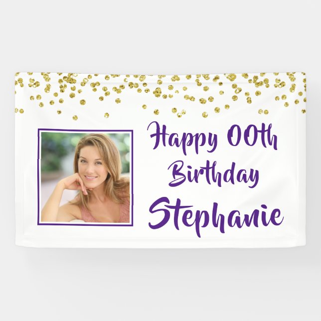 Banderoles Toute année Anniversaire Purple Gold Confetti Phot (Horizontal)