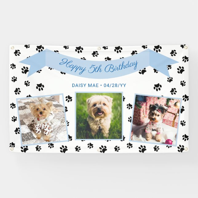 Banderoles Trois photo Black Empreintes de pattes Blue Pet An (Horizontal)
