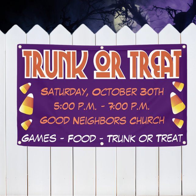 Banderoles Tronc Ou Traiter Halloween Candy Corne (Fun trunk or treat banner with candy corn. Invite your community to a church, school or other event.)