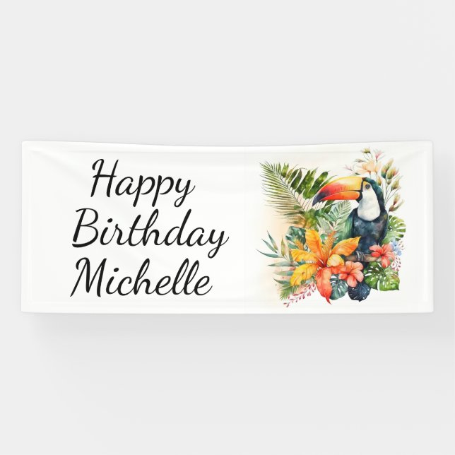 Banderoles Tropical Floral Toucan Joyeux Anniversaire Nom (Horizontal)