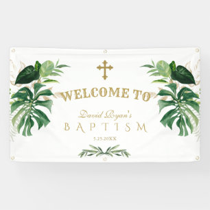 Banderoles Tropical Foliage Gold Cross Baptism Affiche de bie