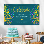 Banderoles Turquoise Bar Mitzvah Écriture Dorée Arbre de Vie<br><div class="desc">Soyez fiers, réjouissez-vous et mettez en valeur ce jalon de votre Bat Mitzvah préférée ! Accrochez cette bannière personnalisée, moderne et élégante pour ajouter à son jour spécial. Une écriture calligraphique en faux foil doré et scintillant, une typographie rose clair, et deux arbres graphiques abstraits en feuille dorée avec des...</div>