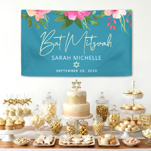 Banderoles Turquoise Bar Mitzvah Rose Floral Or Écrit Gras