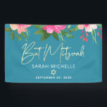 Banderoles Turquoise Bar Mitzvah Rose Floral Or Rose Gold Scr<br><div class="desc">Accueillez fièrement chaque invité à la fête de Bat Mitzvah de votre fille ! Accrochez cette bannière personnalisée, moderne et élégante pour ajouter à son jour spécial. Un chic, floral rose et pêche en aquarelle avec une typographie à faux doré, une étoile de David et un texte sans empattement blanc...</div>