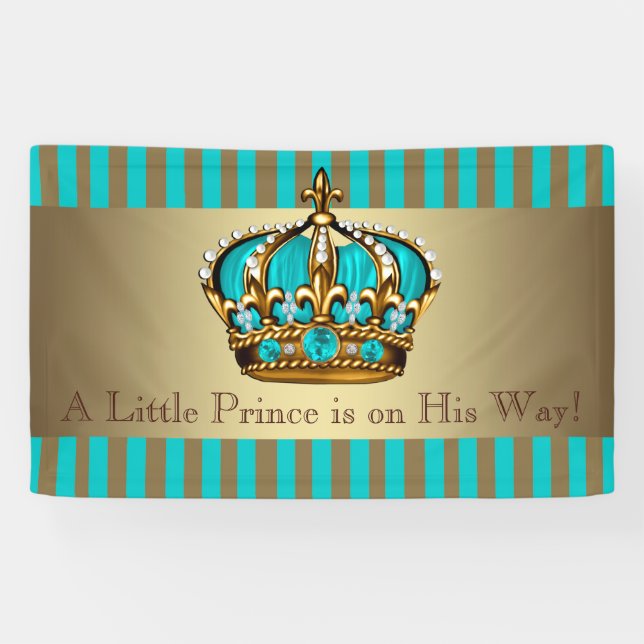 Banderoles Turquoise Bleu Baby shower Prince Couronne Or (Horizontal)
