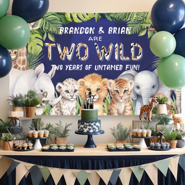 Banderoles Twin Navy Blue Two Wild Safari Thème fond (Twins, Navy Blue Safari Animals Birthday backdrop)