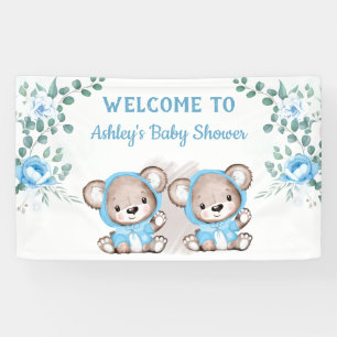 Banderoles Twins Blue Bear Floral Baby shower personnalisé